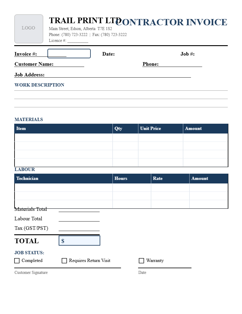 Trade / Contractor Invoice